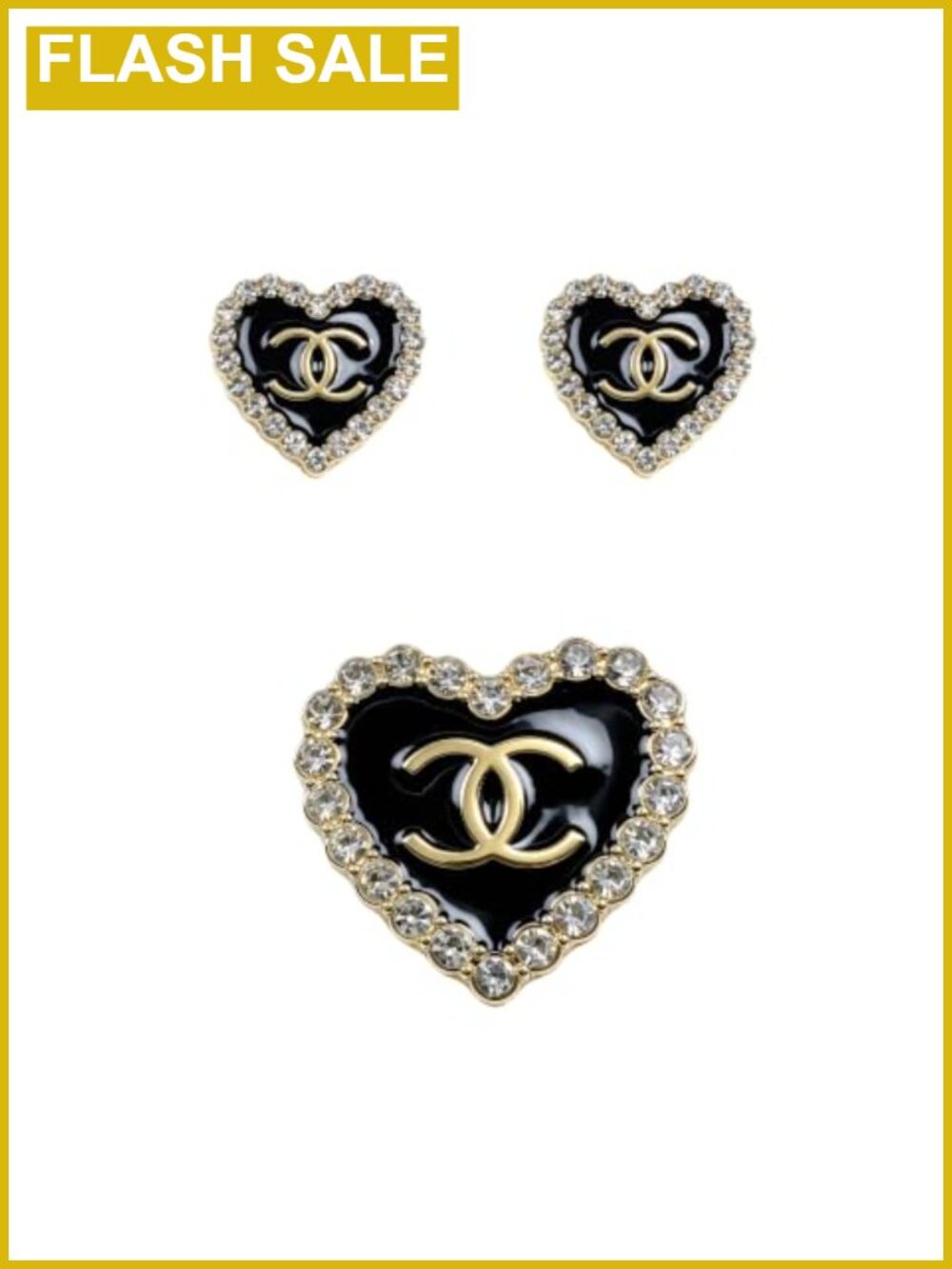 Heart Brooch and Earrings Set with Black Enamel and Crystal Rhinestone